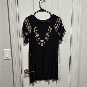 Embroidered Linen Black Mini Tunic Dress